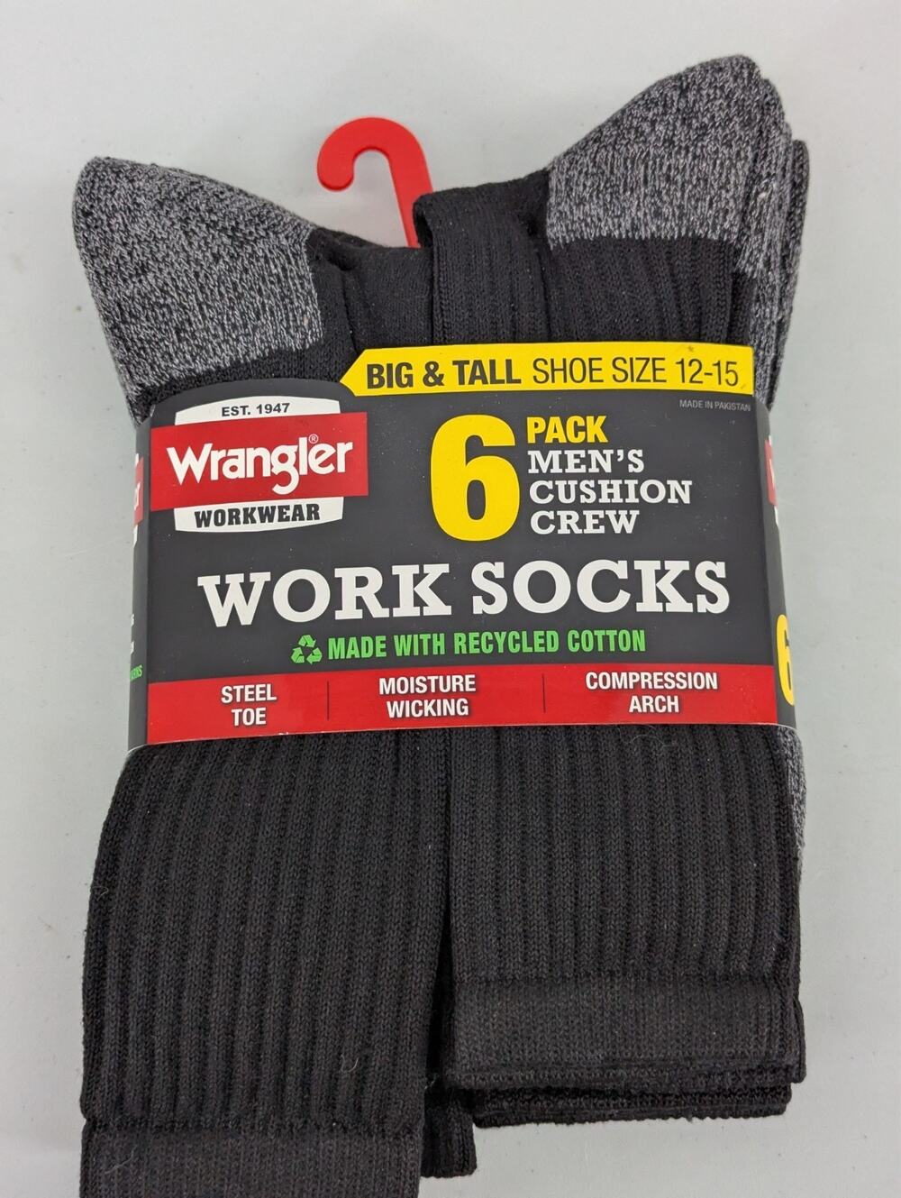Wrangler Mens Cushion Crew Big Tall Size 12-15 Black Work Sock 6 Pair